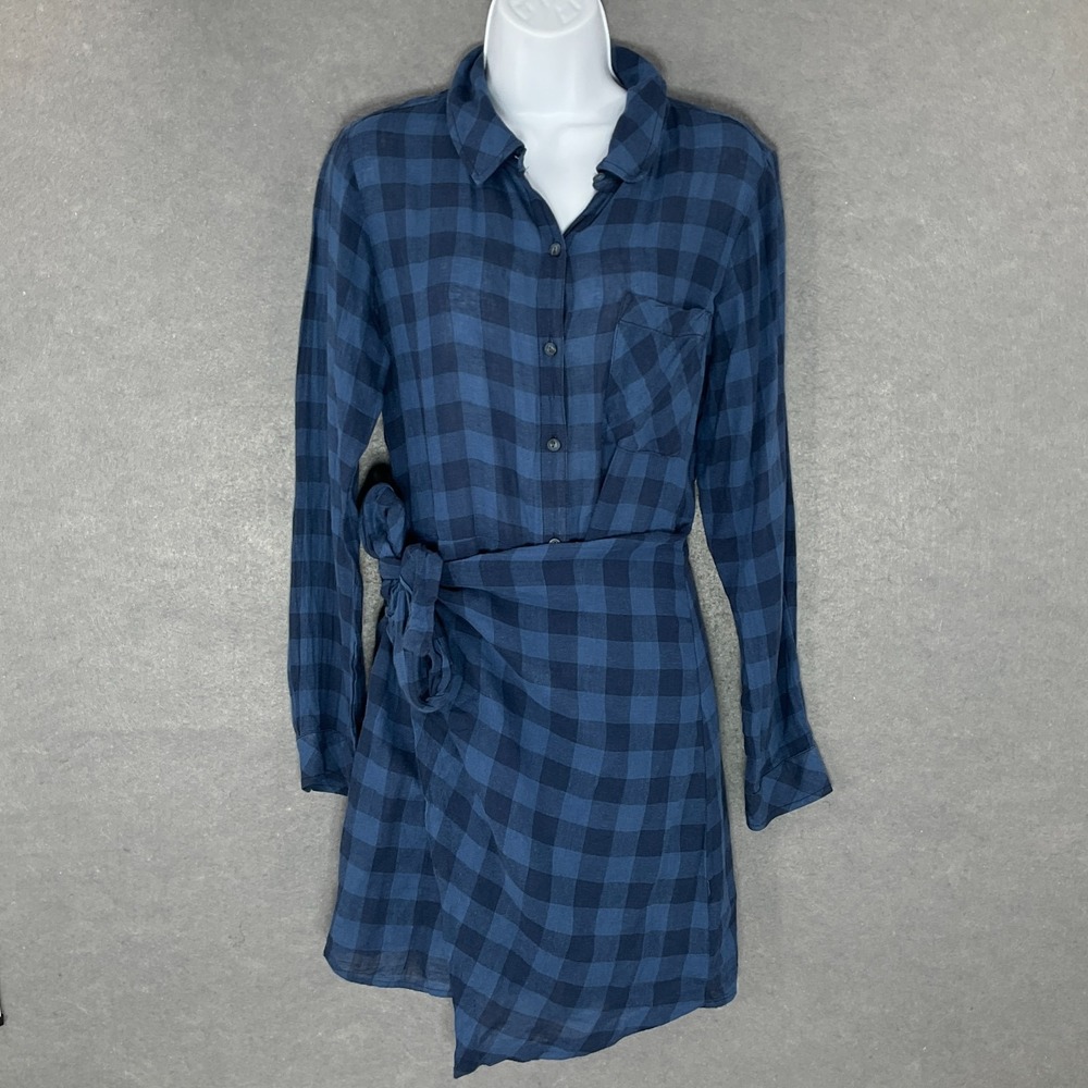 Sanctuary Wrap Shirt Dress Womens Sz XS Linen Plaid Blue Boyfriend Flannel Style